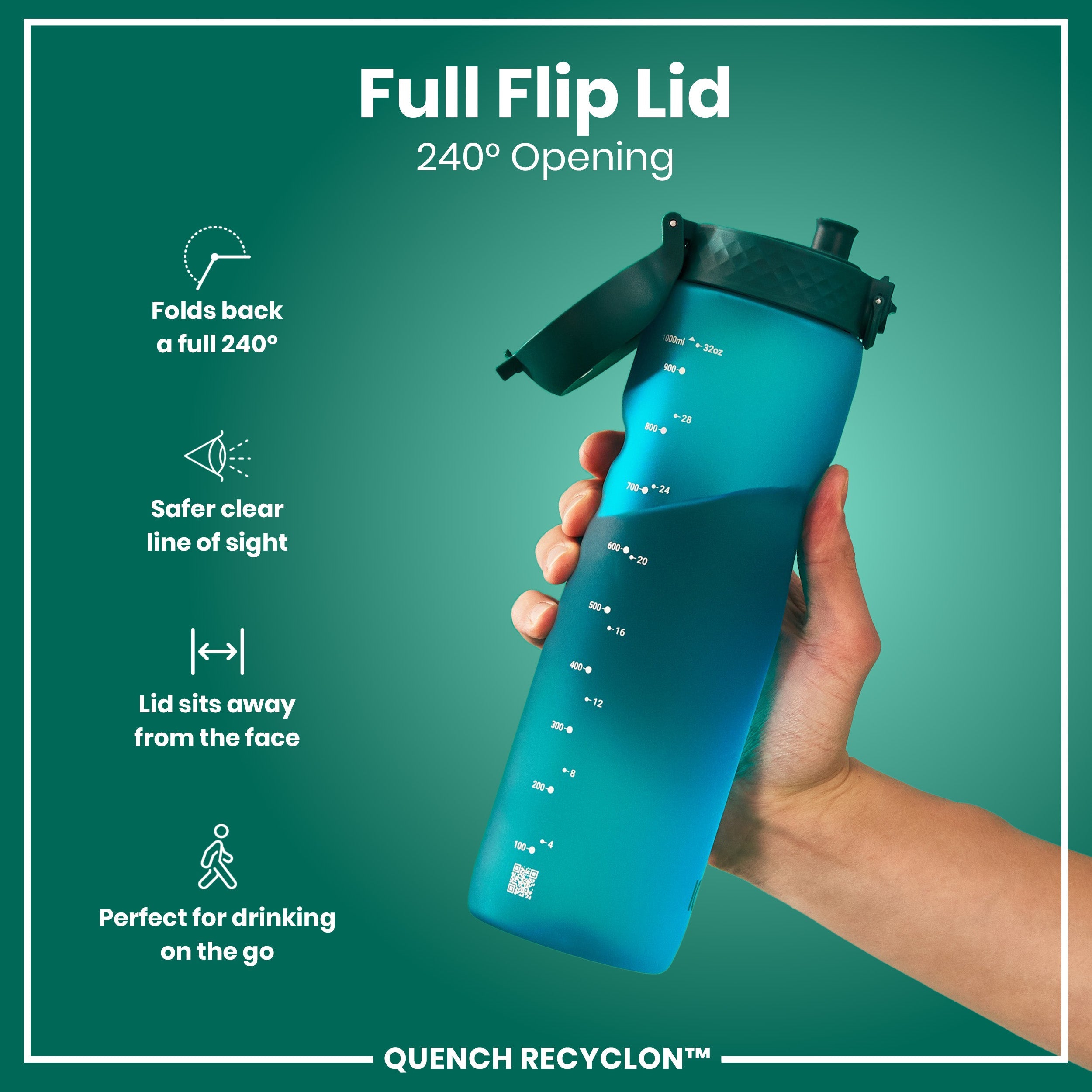Leak Proof 1 litre Water Bottle, Recyclon, Aqua, 1L