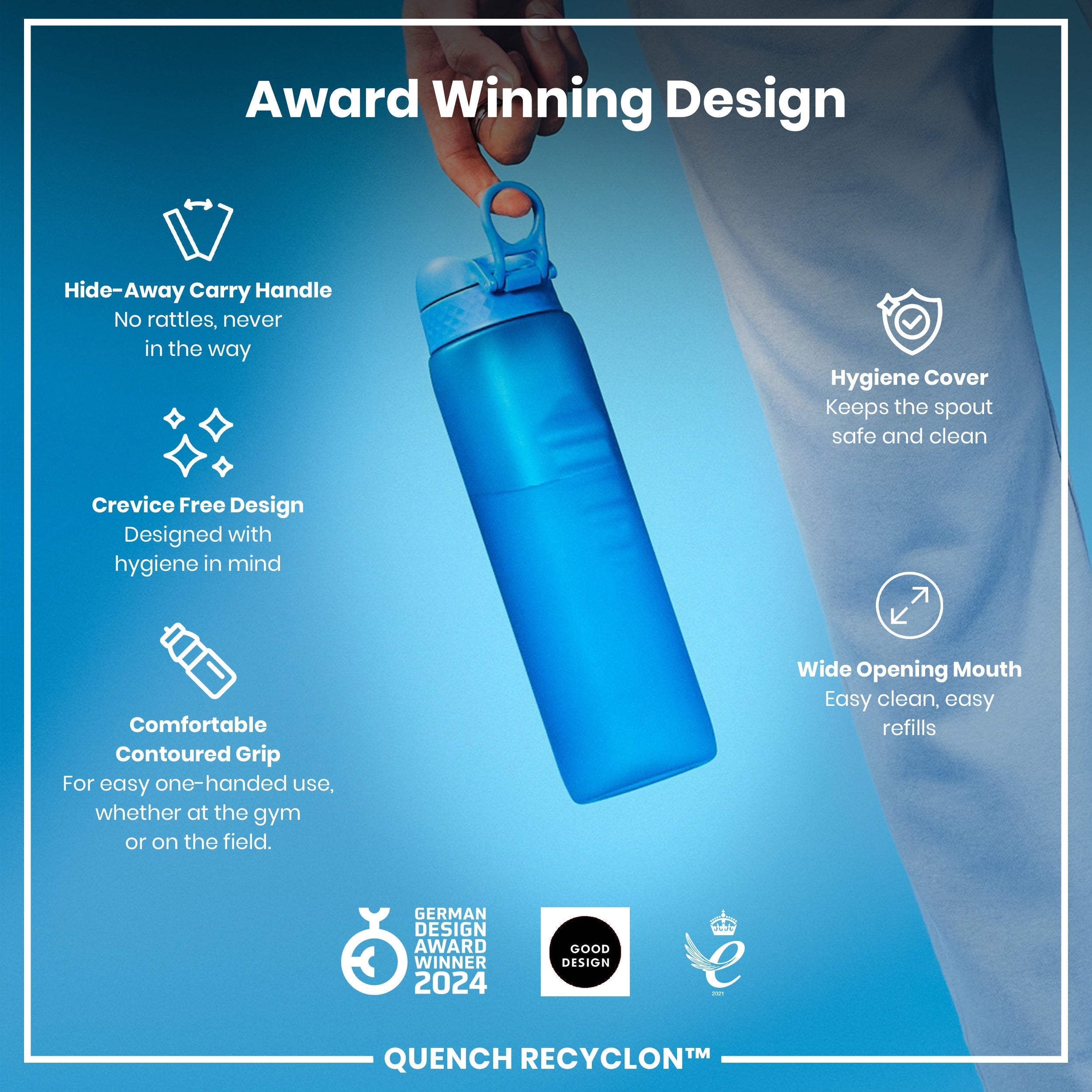 Leak Proof 1 litre Water Bottle, Recyclon, Blue, 1L