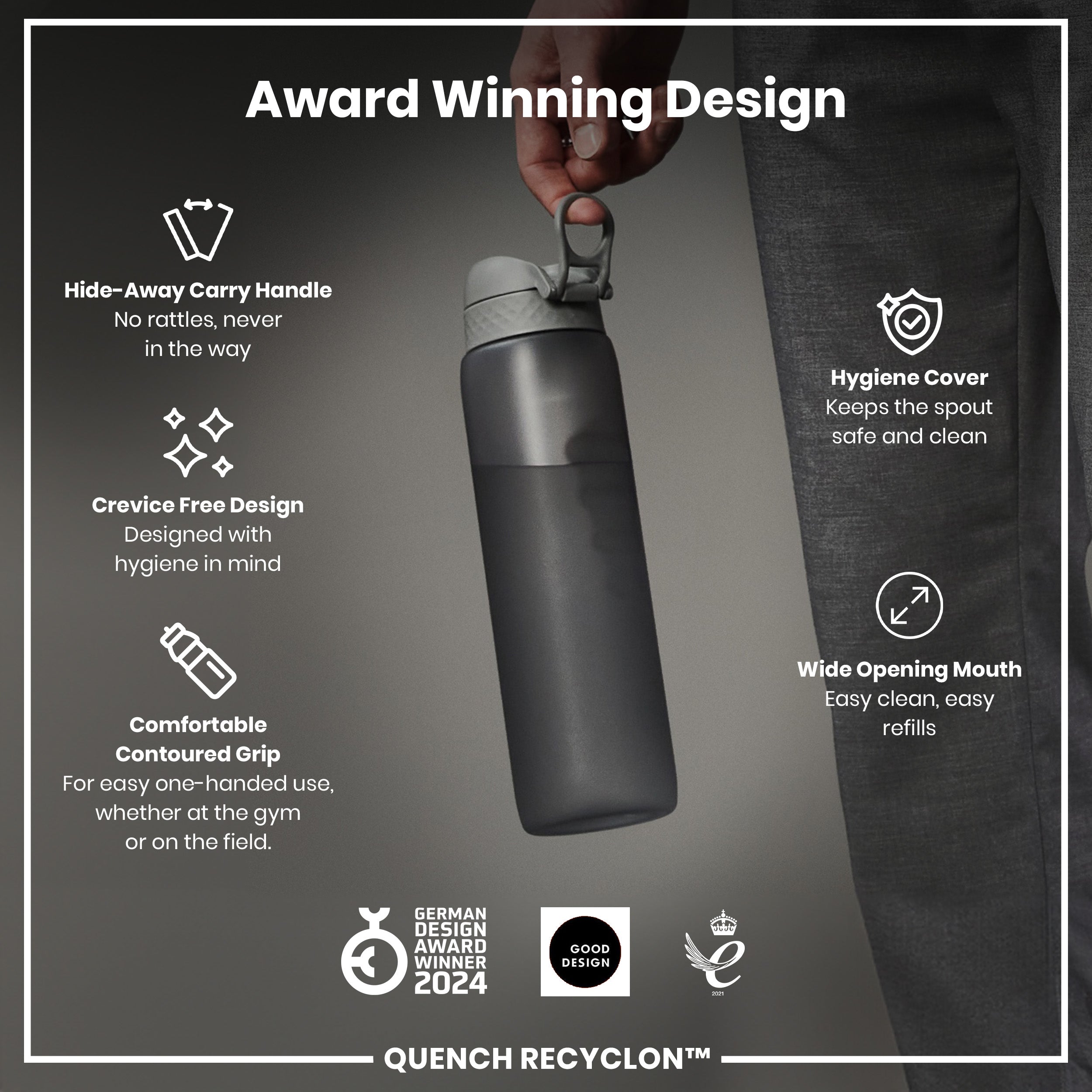 Leak Proof 1 litre Water Bottle, Recyclon, Grey, 1L