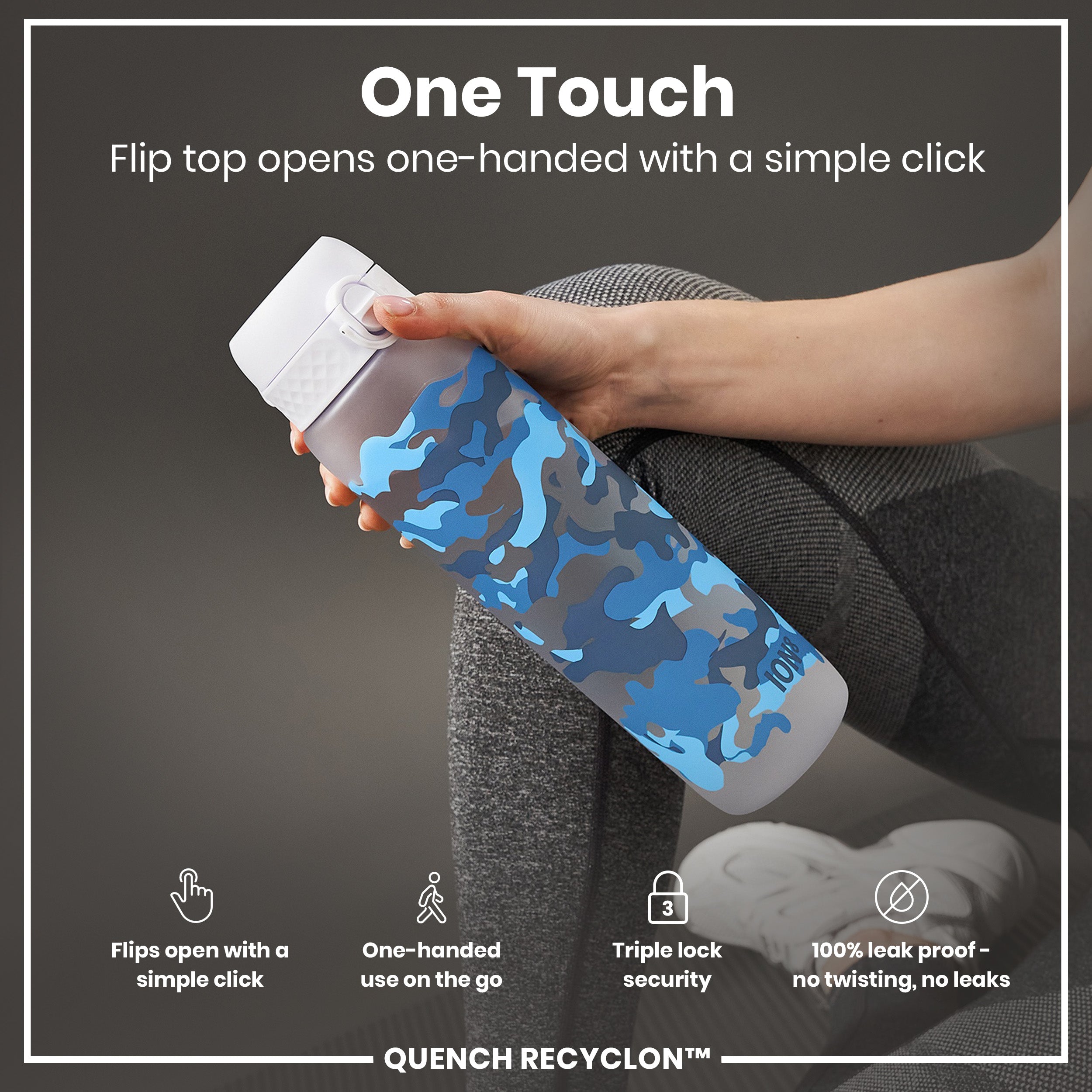 Leak Proof 1 Litre Water Bottle with Times to Drink, Recyclon, Camouflage, 1L